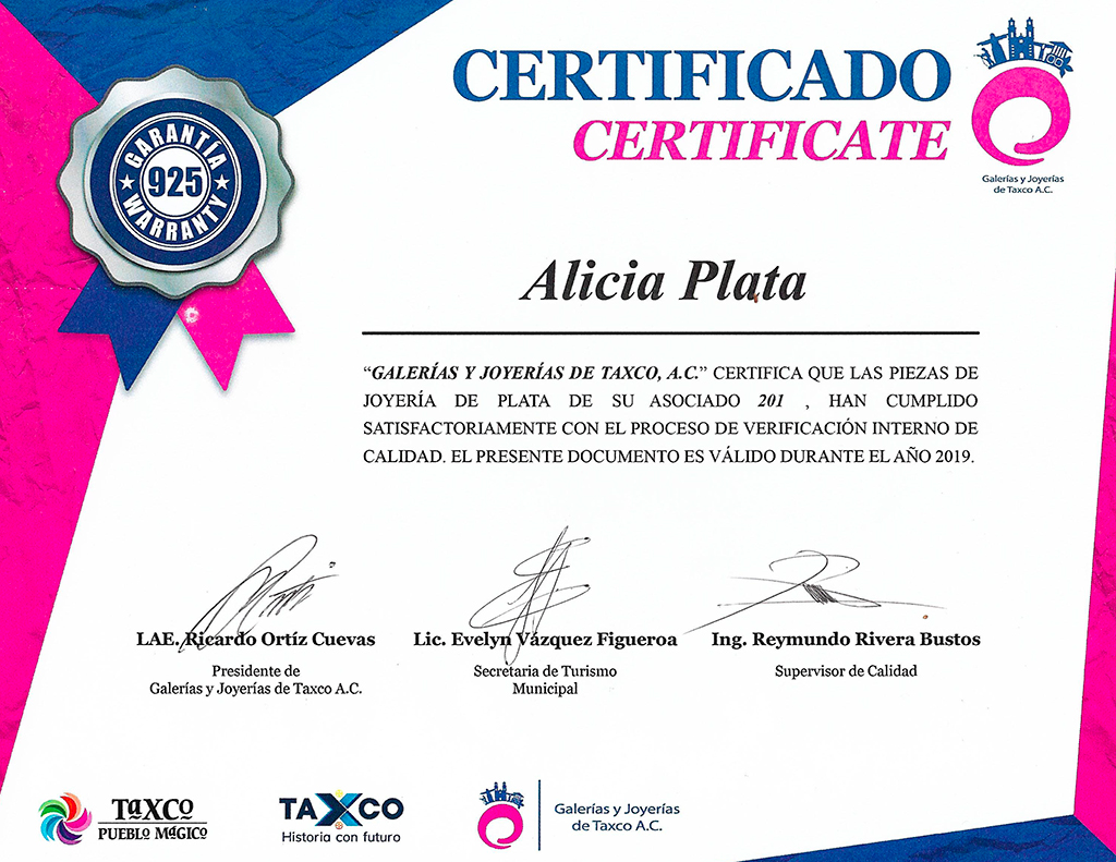 Certificado de Calidad de Plata .925